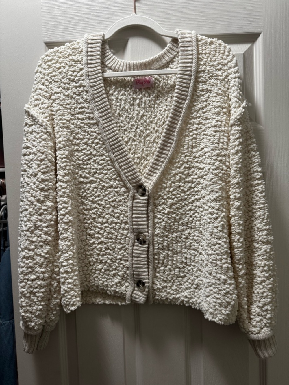 Pink Lily Cream Textured Popcorn Knit Button-Up Cardigan